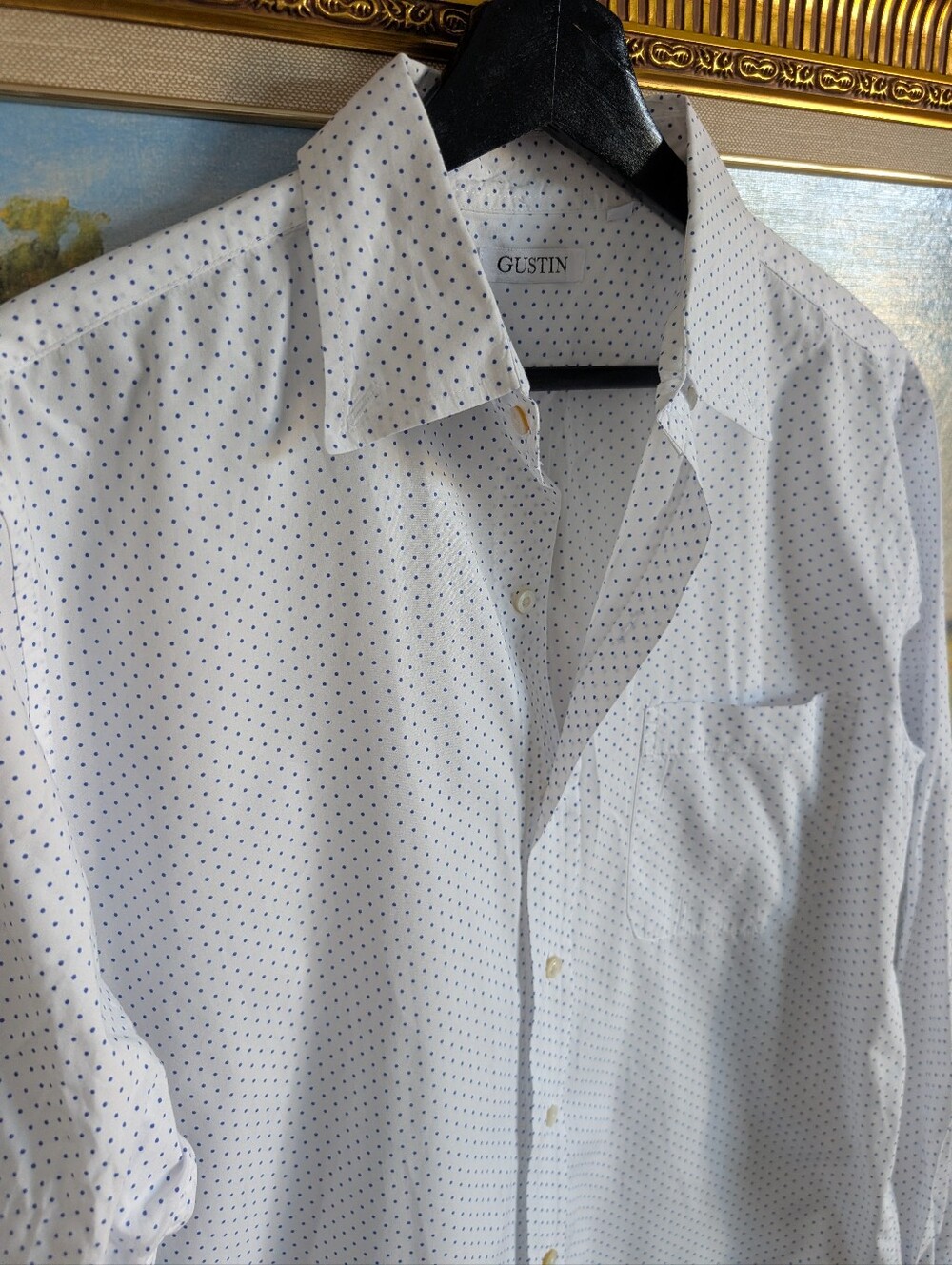 Gustin White Button-Down Shirt with Navy Micro Dots